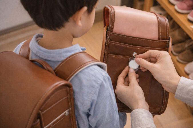 子どものランドセルに紛失防止タグを付ける持ち物管理のイメージ