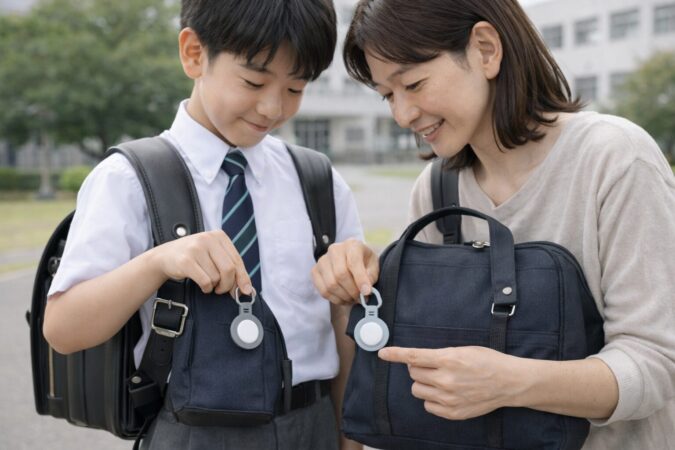 通学バッグに付けたAirTagを保護者と確認する学校利用のイメージ