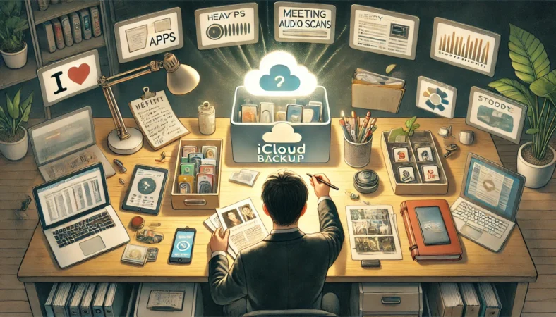 重いアプリや写真、古い端末バックアップ、大きいファイルを順番に見直して容量不足を減らすイメージ