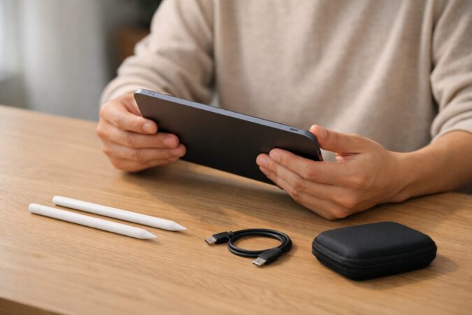 iPadのモデル確認をしながら対応スタイラスを照合する日本人ユーザーの手元（ケーブルとペンを並べて互換性をチェック