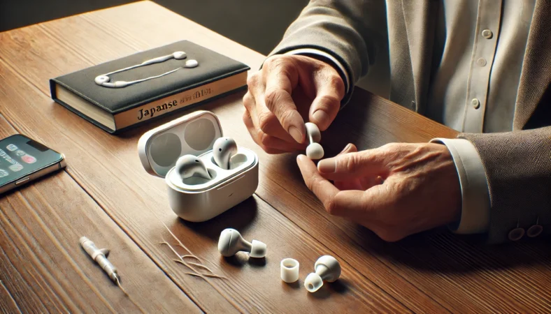 AirPodsの装着角度やフィット感を見直して対策を試す日本人ユーザーのイメージ