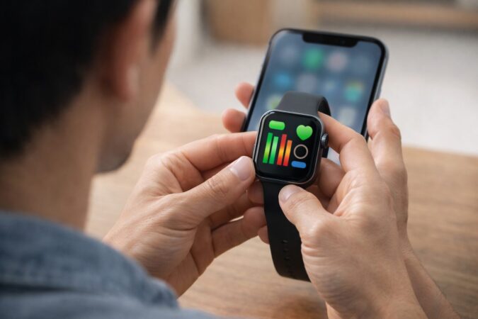 日本人の手元でスマートウォッチの状態確認をしており、寿命チェックのポイントを示すイメージ