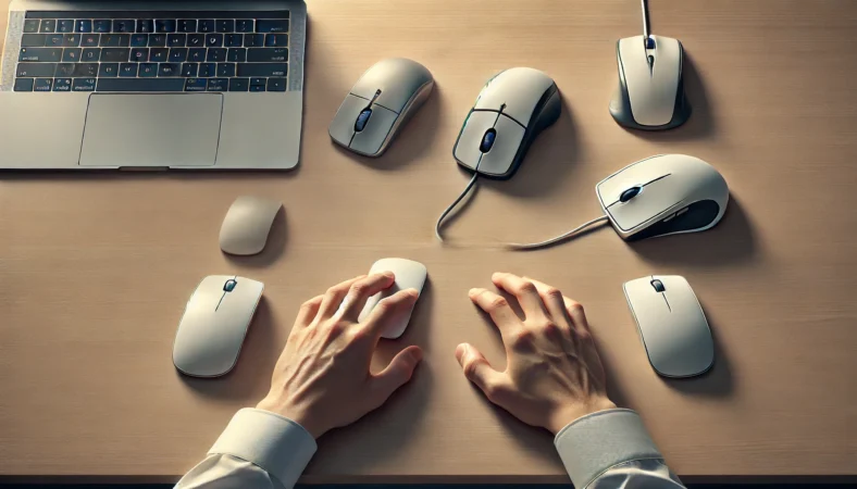 通常マウスへ切り替えて快適に作業する日本人ワーカーと、脇に置かれたトラックボール