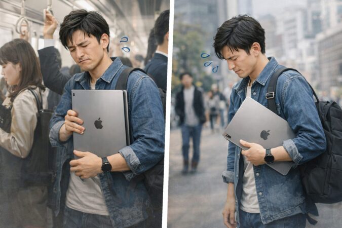 大画面の快適さを期待して購入したが、日常の持ち運びで違和感を覚える日本人のイメージ