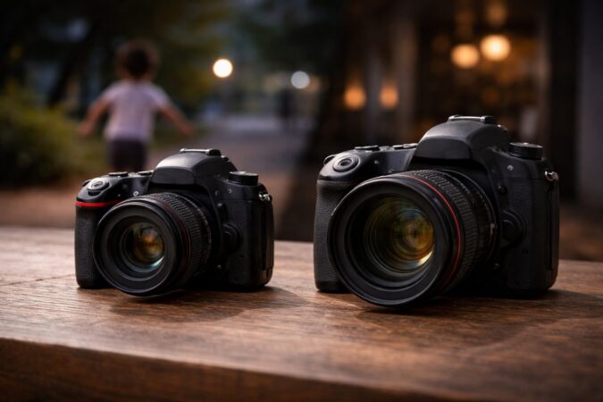 旧型一眼レフと後継世代の違いを暗所や動体シーンで表した比較イメージ