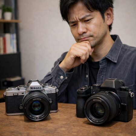 Nikon Z fcと比較候補のミラーレスを前に、日本人ユーザーが後継機を待つべきか考えているイメージ