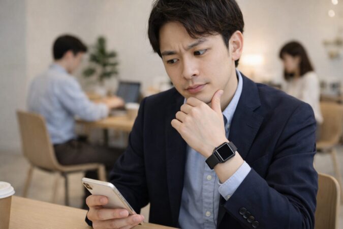 スマートウォッチが目立つか気になっている日本人会社員のイメージ
