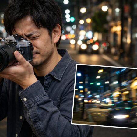 夜の街でNikon Z fcを使う日本人撮影者が、手ぶれ補正の違いを体感している暗所撮影イメージ