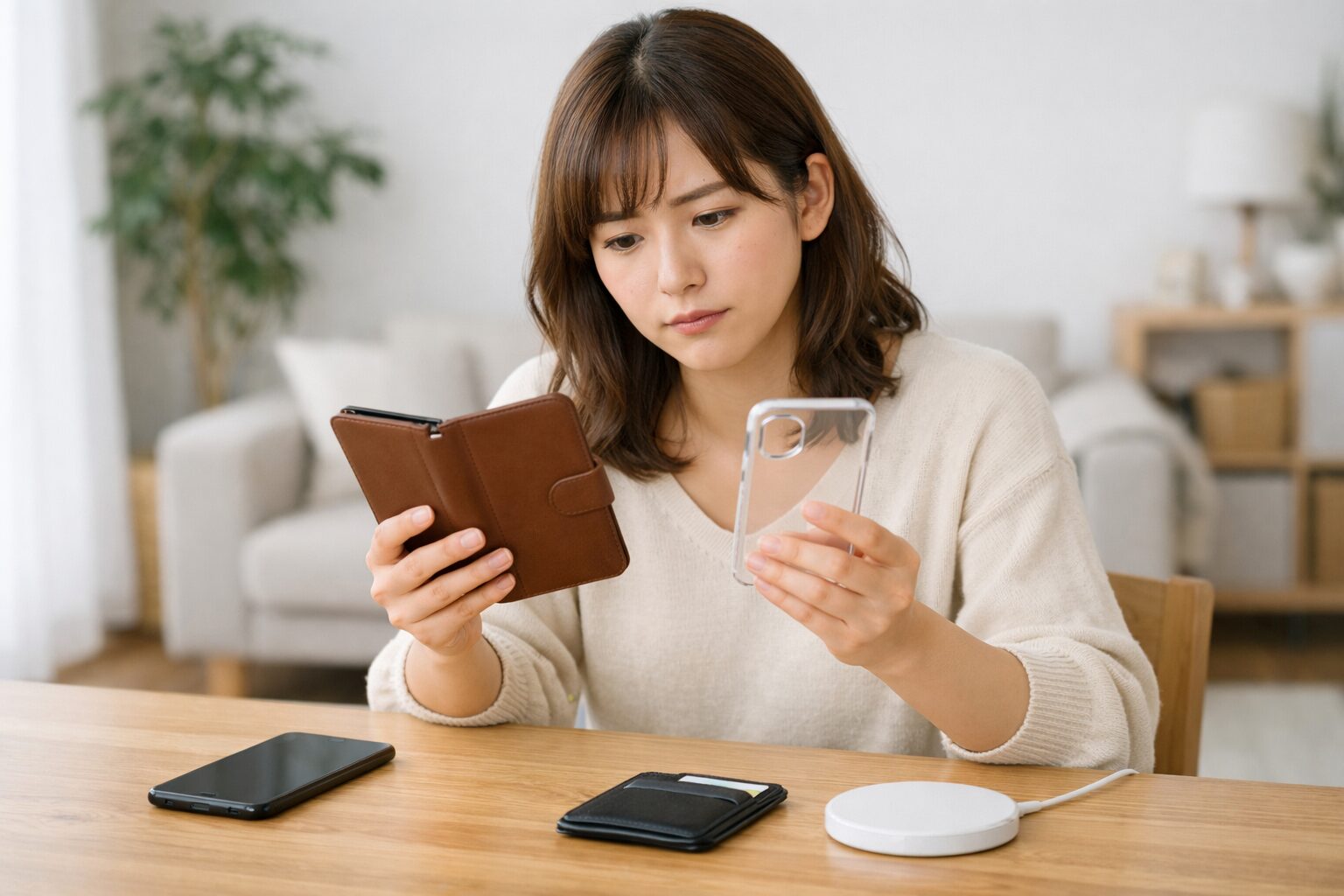 手帳型スマホケースと背面ケースを前に、使いやすさで迷う日本人ユーザーの比較イメージ