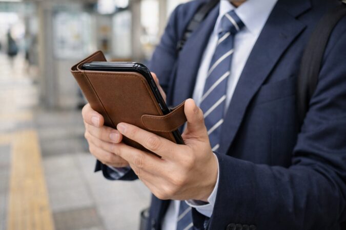 厚みのある手帳型スマホケースを片手で扱いにくそうに持つ日本人の手元