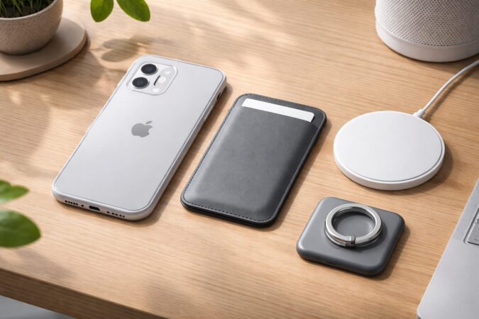 薄型の背面ケースとMagSafe対応アクセサリーを組み合わせたスマホ代替イメージ