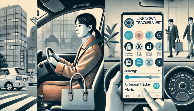持っていないトラッカーが一緒に移動している可能性を確認する日本人女性の車内チェックイメージ