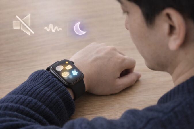 Apple Watchの振動に気づきにくい装着条件や消音・集中モードを示す原因イメージ