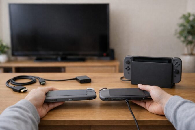 携帯専用モデルとTV出力対応モデルを並べて確認し、まず本体の種類を確定するチェック風景