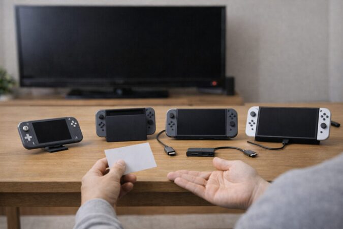 テレビ出力の可否で本体を選ぶ比較イメージ（携帯専用モデルとTVモード対応モデルの違い）