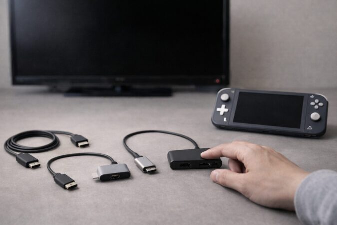 USB-C→HDMI変換ケーブルを用意しても映像信号が出なければテレビに映らないことを示すイメージ