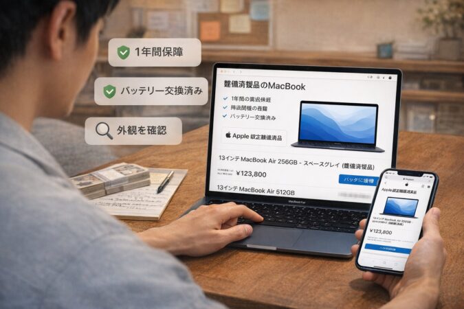 整備品のMacBookを保証や状態を確認しながら慎重に選ぶイメージ