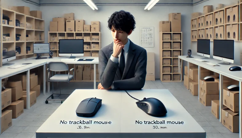 店頭で通常マウスとトラックボールを見比べて迷う日本人ユーザーの比較風景