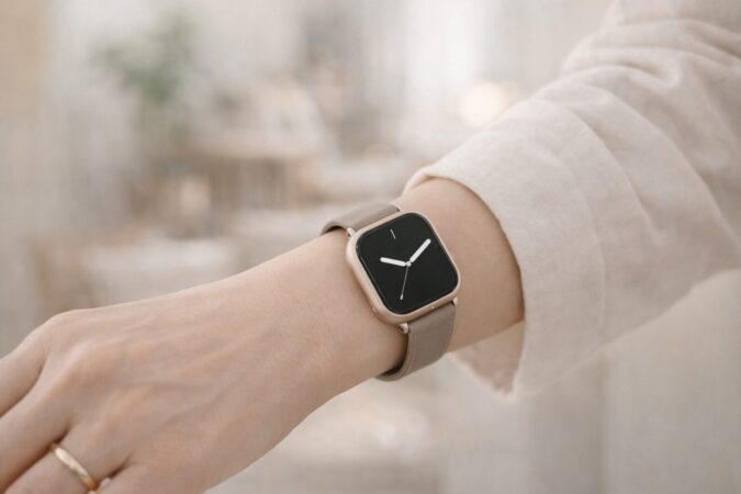 普通の時計のように見える上品なスマートウォッチの手元