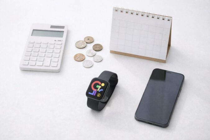 月額料金や年間コストをイメージできる電卓とコインとスマートウォッチの俯瞰写真