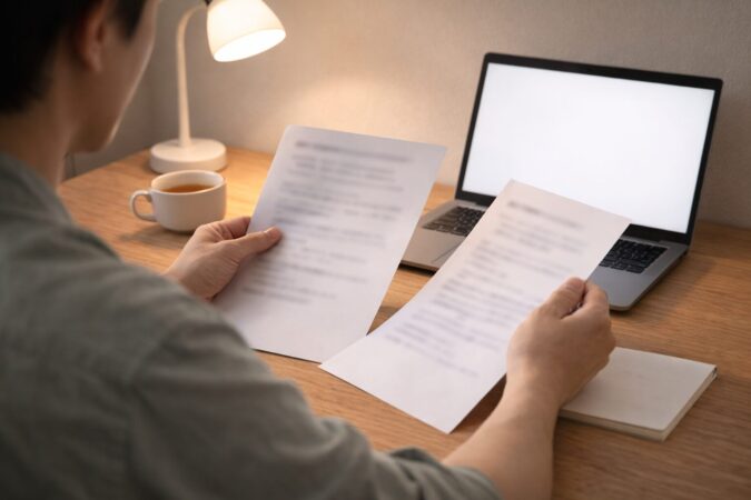 未発表情報を断定せず一次情報で確認する姿勢を表す、書類を精査する日本人の手元写真