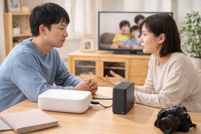 日本人の家族がおもいでばこのバックアップ必要性を確認している様子