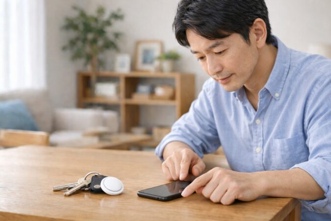 AirTagが鳴る条件をスマートフォンと一緒に確認するイメージ