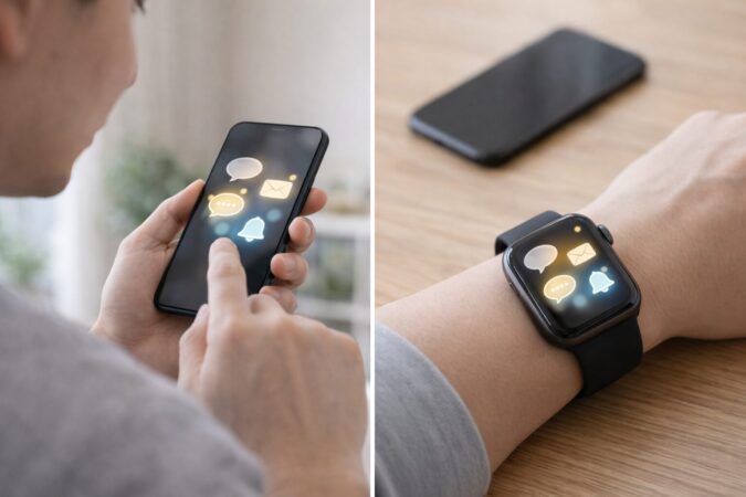 iPhone操作中とスリープ中で通知の届き先が変わる仕様を左右比較で示した図