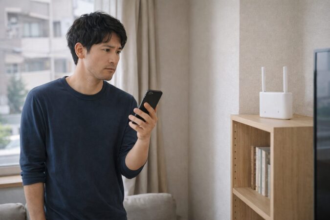 日本人男性が自宅内でスマホ通信とWi-Fi環境を見直している場面