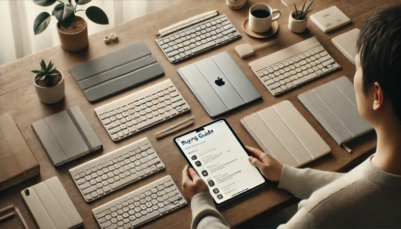 複数サイズのiPadとキーボードアクセサリを並べて対応差を比較する俯瞰イメージ