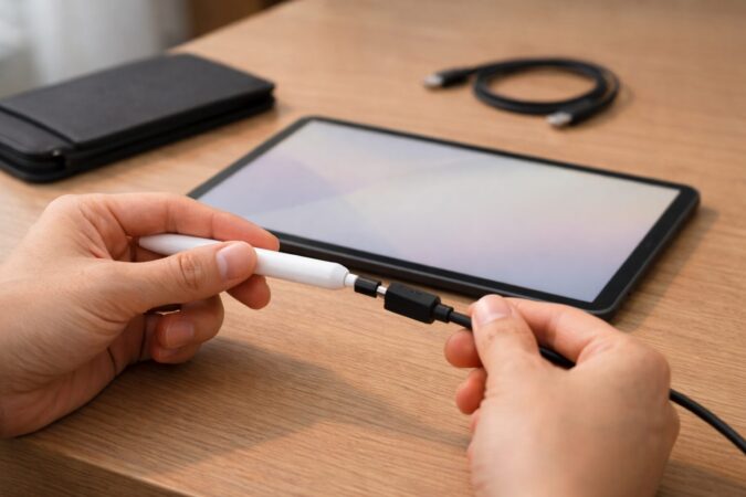 再起動後にUSB-Cケーブルでスタイラスを接続して再認識させる日本人ユーザーの手元（ケース干渉の切り分けも示唆）