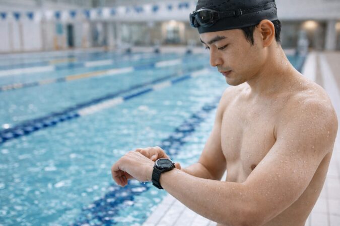 Pixel Watch3を着けてプールで使用を検討する日本人ユーザーのイメージ