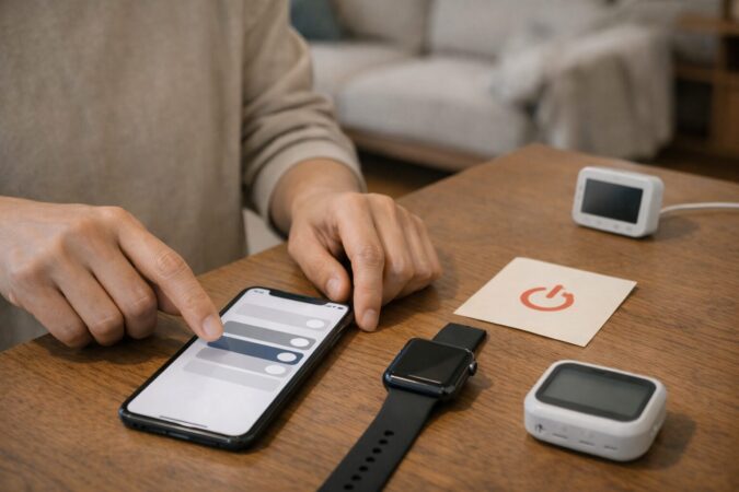 集中モードの一時オフ・近距離で再テスト・再起動など、治らない時の最終チェック手順をまとめたイメージ(文字なし)