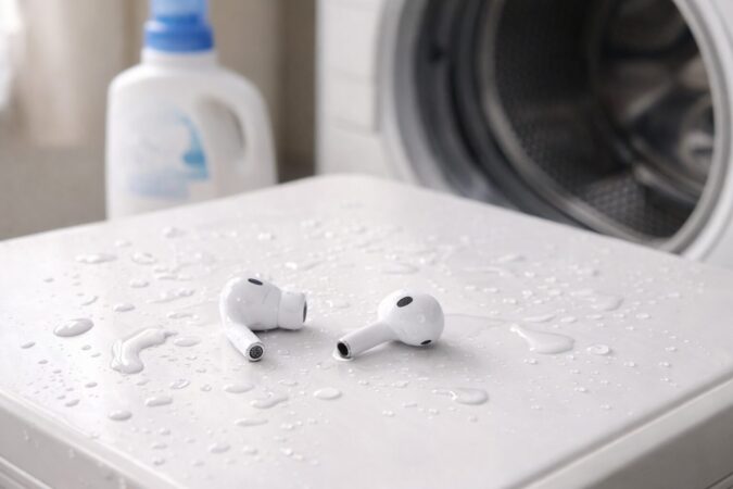 耐水性能があっても洗濯機での水濡れは別問題だと伝えるイメージ