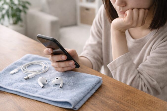 ネットの体験談をうのみにせず洗濯後のイヤホン状態を冷静に見るイメージ