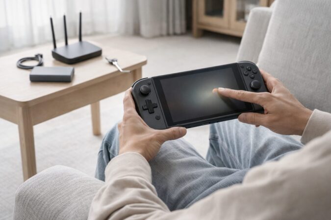 Switch2の省電力対策として明るさ調整・通信オフ・スリープ運用をイメージできる室内プレイシーン