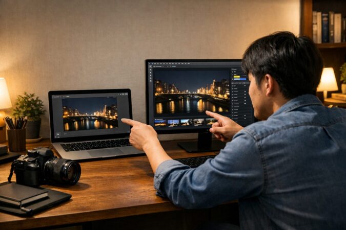 日本人ユーザーが無料ソフトと買い切りRAW現像ソフトの操作性や快適さの違いを比較している横長イメージ