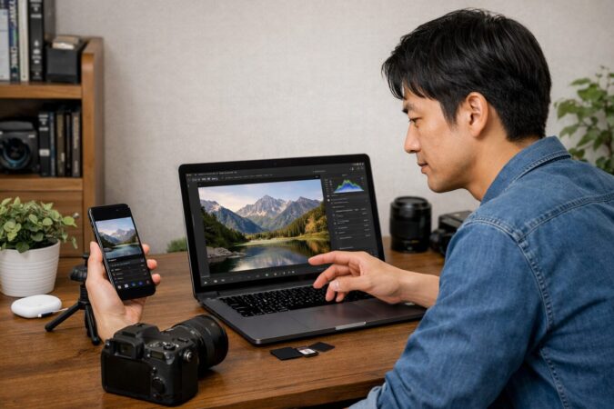 日本人ユーザーがiPhoneアプリとパソコン向けRAW現像ソフトの使い分けを比較しているワイドビジュアル