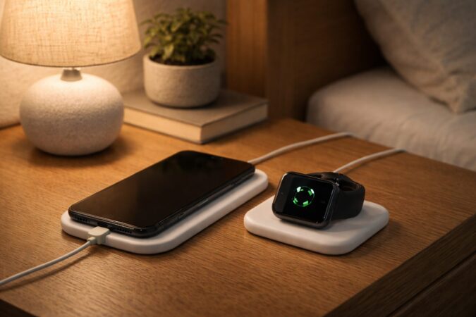 iPhoneとApple Watchを近くで同時に充電し、距離と充電環境を整えて通知を安定させるイメージ