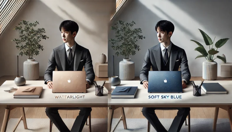 日本人男性がスターライトカラーの薄型ノートPCを使う、自然で上品な印象を表現したイメージ