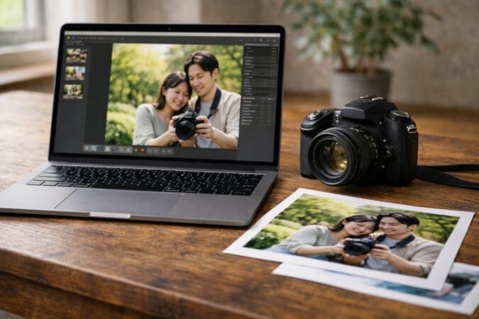 旧型一眼レフで撮った写真をパソコンとプリントで確認する画素数検討イメージ