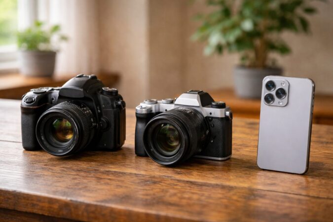 旧世代のデジタル一眼レフと現代機器を並べて立ち位置の違いを表した比較イメージ