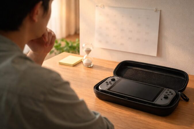 発売日未確定でも焦らず準備するイメージ（ぼかしたカレンダーと携帯用ポーチに入ったゲーム機）