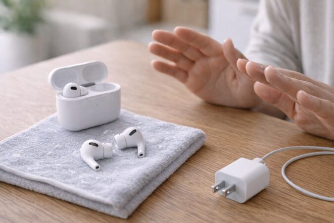 水濡れ後のワイヤレスイヤホンを充電せず安全のため乾燥を優先するイメージ