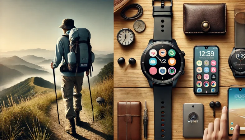 山道を歩くハイカーと丸型スマートウォッチの登山利用イメージ
