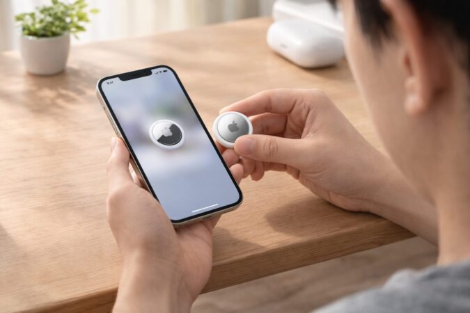 AirTagをiPhoneに近づけて登録を進める日本人ユーザーのワイド構図