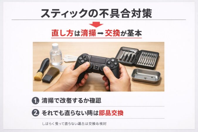 PS4コントローラーのスティックドリフト対策で、清掃から交換へ進む基本手順を示す作業台のイメージ