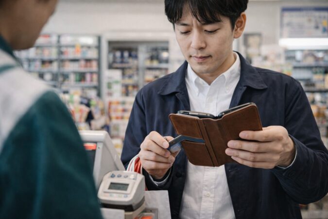 レジ前で手帳型スマホケースの開閉にもたつく日本人ユーザーの不便イメージ