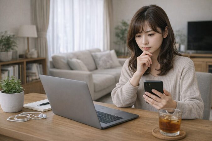 日本人女性がネットの5G情報を鵜呑みにせず慎重に確認している様子