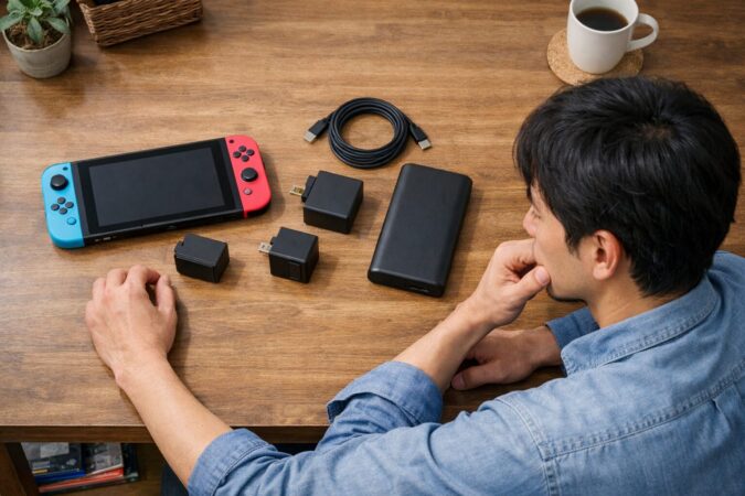 Switch風ゲーム機と充電器類を机に並べて疑問点を整理している様子